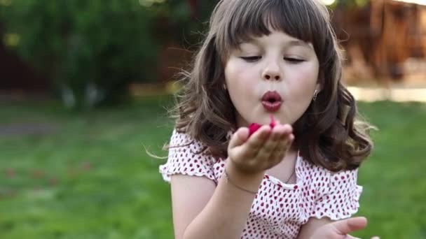 Adorable Little Child Girl Years Old Blowing Red Roses Petals — Vídeo de Stock