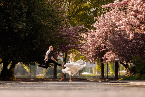 美しく 陽気で活気のある新婚旅行 新郎新婦はピンクの桜の花の近くで抱き合っています 笑顔ひげそりの新郎とかわいい花嫁のクローズアップの結婚式の肖像画 — ストック写真