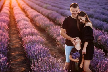 Mutlu aile günleri. Genç baba, anne ve kız lavanta tarlasında birlikte eğleniyorlar. Çocuklu mutlu çift yaz tatilinin tadını çıkarıyor. Aile görünüşü.