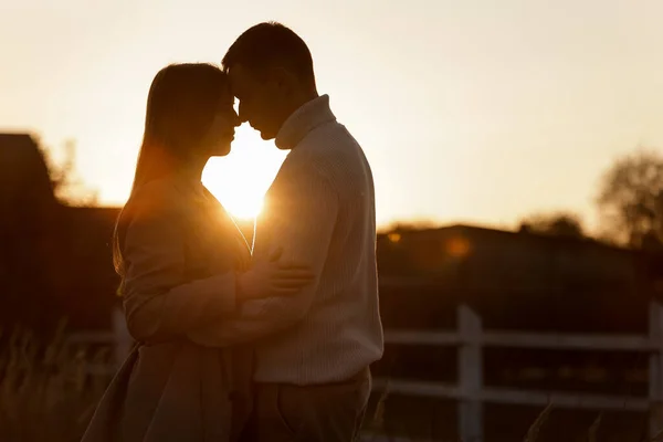 Silhouette Couple Amoureux Coucher Soleil Est Étreignant Toucher Nez Nez — Photo