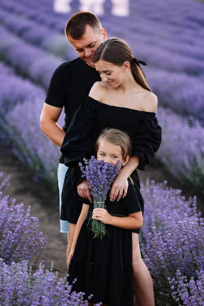 Happy Family Day Young Mother Father Little Daughter Purple Lavender — Stock Photo, Image