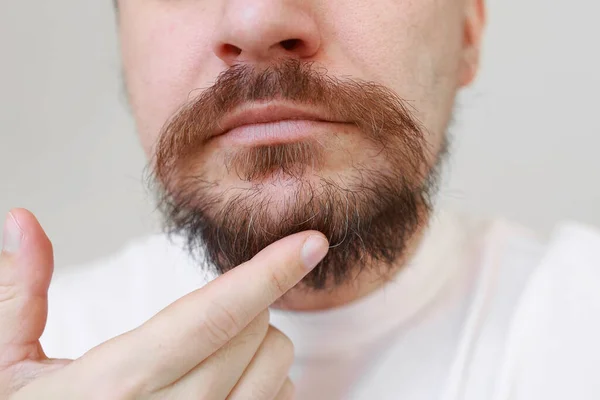 Przycięte Zdjęcie Brodatego Mężczyzny Pokazuje Pierwsze Siwe Włosy Przerośniętej Brodzie — Zdjęcie stockowe