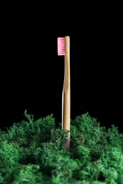 Концепция Экологически Чистого Продукта Зубная Щетка Розовой Щетиной Стабилизированной Зеленой — стоковое фото