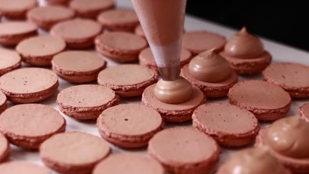 Dělat Francouzské Pouštní Macarony Kuchařské Ruce Cukrářskou Taškou Přidají Smetanu — Stock video