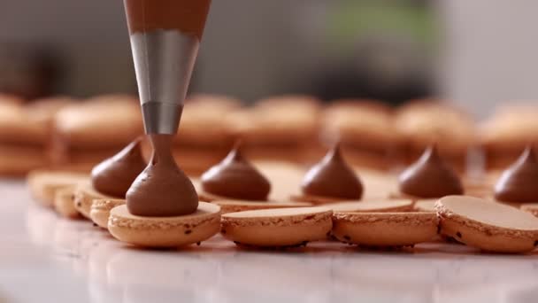 Die Herstellung Französischer Wüstenmacarons Chefhände Mit Zuckertüte Fügen Sahne Den — Stockvideo