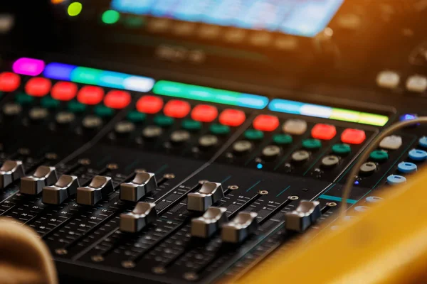Concert Sound Mixer Panel Volume Regulators Professional Audio Light Equipment — Stock Photo, Image