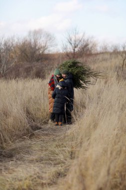 Dikey fotoğraf. Genç anne, baba ve küçük kız dışarıda yürüyorlar. Babamın elinde Noel ağacı var. Mutlu aile tatilleri..
