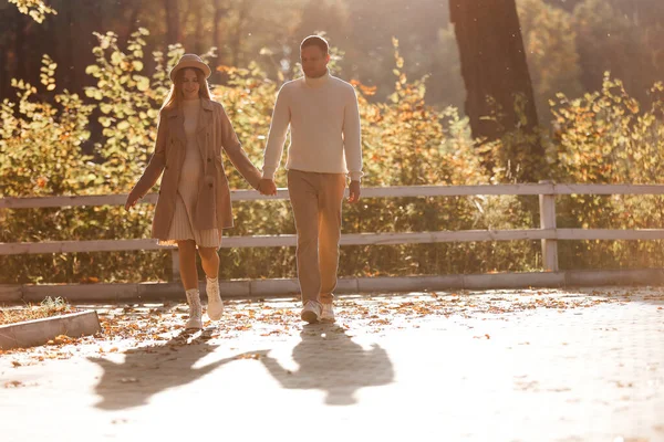 Silhuett Ett Par Älskare Promenader Håller Händerna Parken Vid Solnedgången — Stockfoto