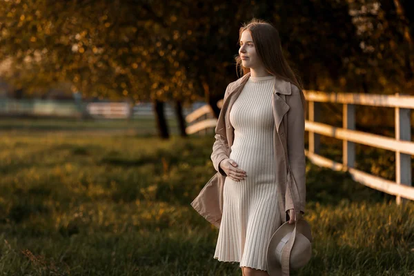 Foto Mujer Embarazada Toma Mano Vientre Parque Otoño Mujer Joven — Foto de Stock