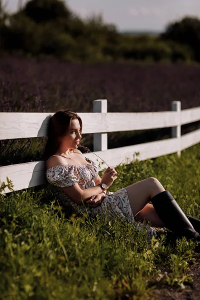 在盛开的紫色薰衣草地的白色木制篱笆旁 手持薰衣草花的年轻美丽女子 女孩享受生活和梦想 自然美概念 — 图库照片