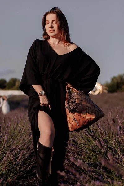 Портрет Молодой Сексуальной Женщины Черном Платье Цветущем Фиолетовом Лавандовом Поле — стоковое фото
