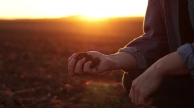 Erkek çiftçinin eli bir avuç kuru zemin tutuyor ve gün batımında tarlaya ekilmeden önce toprak verimliliğini ve kalitesini kontrol ediyor. Tarım arazisi. Organik tarım ve tarım sektörü kavramı.