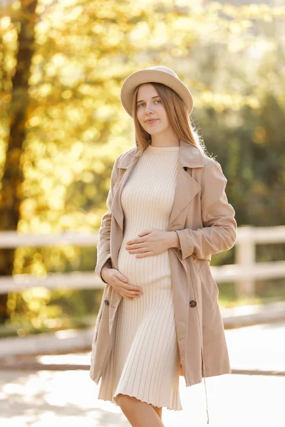 Photo Pregnant Woman Holds Hands Belly Autumn Park Young Woman — Fotografie, imagine de stoc