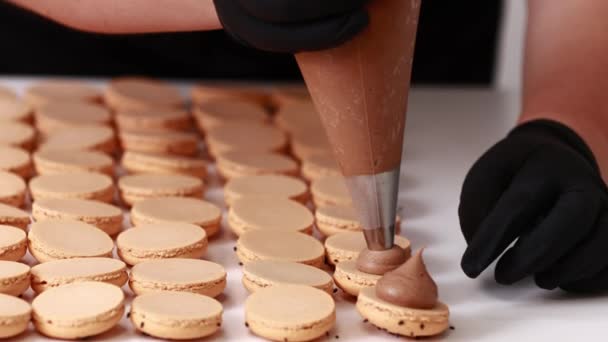 Die Herstellung Französischer Wüstenmacarons Chefhände Mit Zuckertüte Fügen Sahne Den — Stockvideo