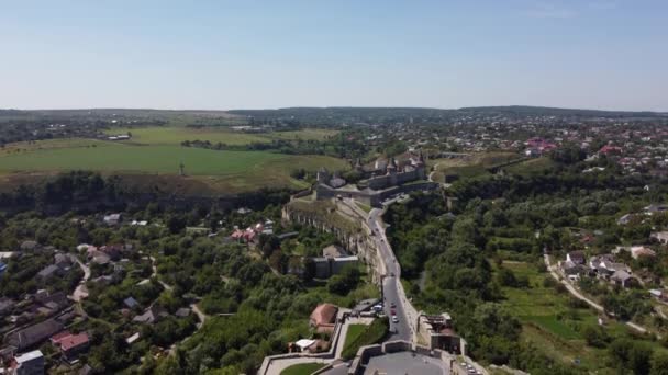 Vedere Aeriană Castelului Istoric Cetatea Kamianets Podilsky Canionul Râului Smotrych — Videoclip de stoc