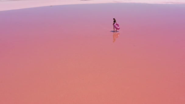 Luftaufnahme Junge Frau Schwarzen Badeanzug Trägt Einen Aufblasbaren Rosafarbenen Schwimmer — Stockvideo