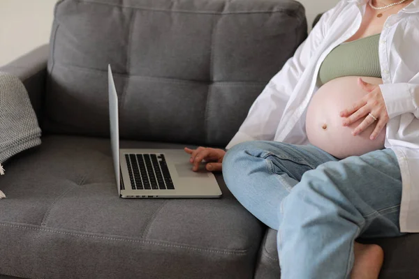 Young Pregnant Woman Caress Her Big Belly Remotely Works Laptop — Zdjęcie stockowe