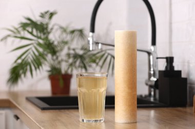 Paslı kartuş ve mutfaktaki masanın üstünde kirli su bardağı kullanılmış. Ev suyu filtreleme sistemi içilebilir durumda. Musluk suyunun demir maddeyle kirlendiğine dair kanıt