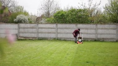 Günlük giysiler içindeki bahçıvan bahar günü evin arka bahçesinde modern elektrikli çim biçme makinesi kesilmiş plastik çim biçme makinesi kutusu taşıyor. Gübre veya sebze bahçesi için çim kesme makası kullanılıyor.