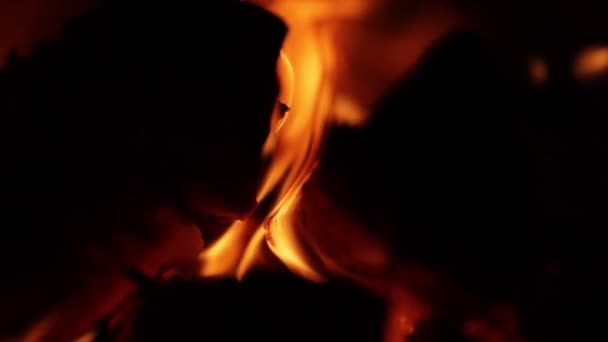 明るい舌の火災の遅い動きを閉じます 火の炎の概念は 黒の背景に輝く火 赤と黄色の炎は熱い温度と力を示しています 暖炉や焚き火での火災 — ストック動画