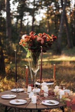 Parkta sıcak bir sonbahar pikniği. Beyaz tabaklar, çatal bıçak takımı, renkli kır çiçekleri olan cam vazo, ev yapımı elmalı turta, akçaağaç yaprakları, açık havada yanan mumlar.