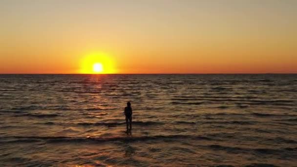 Drohnen Rückansicht Von Silhouette Junge Frau Badeanzug Ist Fuß Meer — Stockvideo