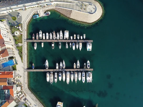 Aerial View Luxury Sailing Yachts Boats Yacht Club Wooden Piers — Stock Photo, Image