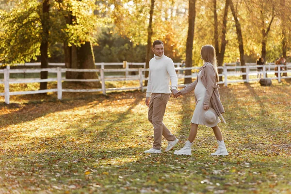 年轻夫妇 男人和怀孕的妻子手牵着手 日落时分在秋天的公园里散步 快乐的家庭享受大自然中的怀孕 母亲节和母亲节的概念 复制空间 — 图库照片