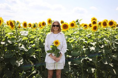 Güneş gözlüklü kısa saçlı, gülümseyen çekici genç kadın büyük, parlak ayçiçeği tarlasında duruyor ve dinleniyor. Tatmin olmuş zarif bir kız, elinde sarı bir ayçiçeği dalını tutuyor ve kameraya bakıyor. Yaz tatili