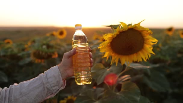 Männliche Bauernhand Hält Eine Plastikflasche Mit Sonnenblumenöl Vor Dem Hintergrund — Stockvideo