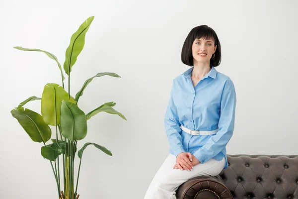 Work life balance concept. Confident succesful businesswoman in elegant clothes looks at camera and sits on sofa at modern light office with large green plant. Women equality day in business.