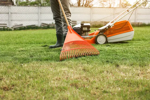 Male gardener collects cut grass with orange plastic rake after a mower, works in the backyard of the house. Man takes care of lawn. Concept of housework, gardening and country life, garden tools