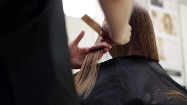 Unerkennbarer Friseur Schneidet Weibliche Kundenhaare Mit Professioneller Friseurschere Und Kamm — Stockvideo