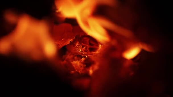 明るい舌の火災の遅い動きを閉じます 火の炎の概念は 黒の背景に輝く火 赤と黄色の炎は熱い温度と力を示しています 暖炉や焚き火での火災 — ストック動画