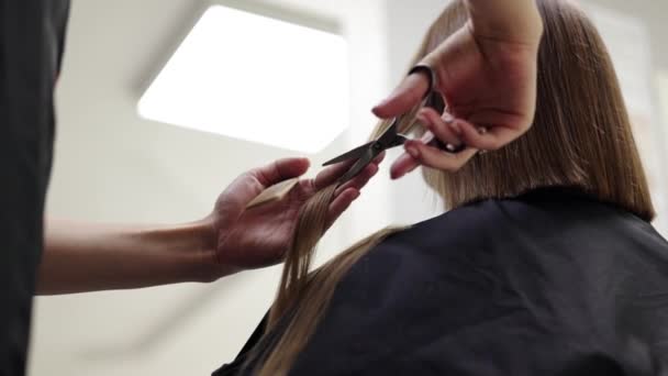 美容院で女性の髪をカットする未知の美容師は プロのバーベキューハサミと組み合わせ スタイリッシュなヘアカットショートボブヘアスタイルを作ります ヘアケア ヘアサロン ヘアスタイリング — ストック動画