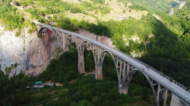 Karadağ Daki Tara Nehri Kanyonu Üzerinde Hareket Eden Arabalarla Kemerli — Stok video