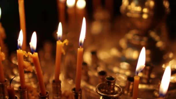 Close Burning Candles Orthodox Church Memorial Wax Candles Flicker Fire — Stock Video