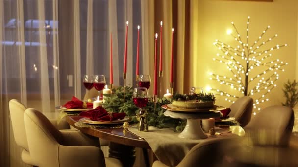 Świąteczne Nakrycie Stołu Święta Bożego Narodzenia Nowy Rok Wakacje Salonie — Wideo stockowe