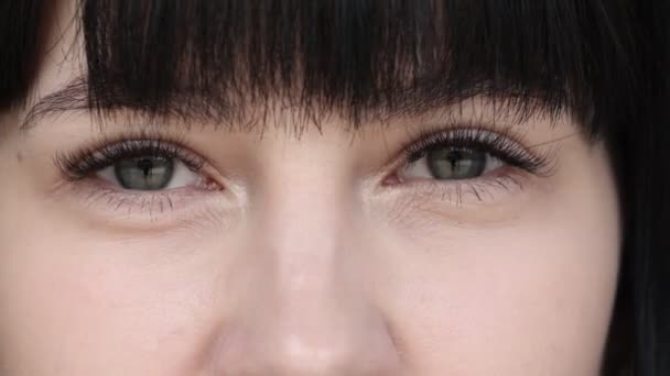 Крупный План Портрета Молодой Красивой Женщины Зелеными Глазами Улыбающейся Глядя — стоковое видео