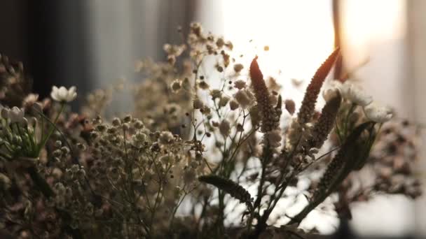 카메라는 햇빛에 신선한 필라와 다양한 세련된 소박한 꽃다발을 닫습니다 발렌타인 — 비디오