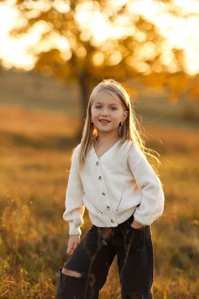 stock image Children's day. Portrait of adorable little child caucasian girl 5-6 years smiles and looks at camera with crossed hands her hand outdoors in fall sunset lights. Leisure activity on autumn holiday