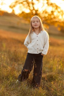 Çocuk günü. 5-6 yaş arası sevimli beyaz bir kızın portresi gülümser ve sonbahar günbatımı ışıklarında ellerini çaprazlayarak kameraya bakar. Sonbahar tatilinde boş zaman aktivitesi