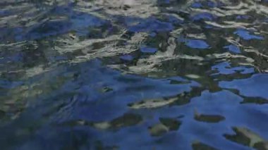 Deniz ve okyanusun mavi su yüzeyinin doğal arka planında dalgalar ve ışık yansımaları var. Hareketli su yüzme havuzu manzarası. Dalgalar ve güneş parlaması. İstikrarsız sosyal sorunlar.