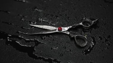 Siyah zemin üzerinde profesyonel çelik berber makası ve su damlaları hareket ediyor. Kuaför aleti. İnce makas makası. Saç kesim aksesuarları, kuaför salonu, berber dükkanı konsepti. Düz yatıyordu.