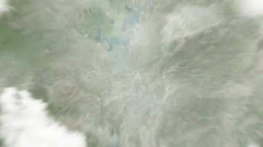 Dünya, uzaydan Changsha 'ya, belediye hükümetindeki Çin' e yakınlaşır. Arkasından bulutlar ve atmosferden uzaya zum geliyor. Uydu görüntüsü. Seyahat girişi