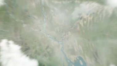 Dünya uzaydan Dhaka, Bangladeş 'e yakınlaşır. Arkasından bulutlar ve atmosferden uzaya zum geliyor. Uydu görüntüsü. Seyahat girişi