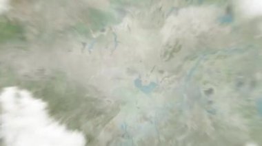 Dünya uzaydan Hefei 'ye, Çin' deki İdare Merkezi 'ne yakınlaşacak. Arkasından bulutlar ve atmosferden uzaya zum geliyor. Uydu görüntüsü. Seyahat girişi
