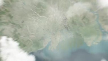 Dünya uzaydan Kolkata 'ya, Hindistan' dan Raj Bhavan 'a yakınlaşır. Arkasından bulutlar ve atmosferden uzaya zum geliyor. Uydu görüntüsü. Seyahat girişi