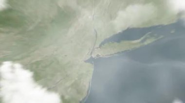 Dünya uzaydan New York 'a, Birleşik Devletler' den Belediye Binası 'na yakınlaşacak. Arkasından bulutlar ve atmosferden uzaya zum geliyor. Uydu görüntüsü. Seyahat girişi