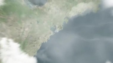 Dünya, 4 Mayıs 'ta uzaydan Qingdao, Çin' e yakınlaşır. Arkasından bulutlar ve atmosferden uzaya zum geliyor. Uydu görüntüsü. Seyahat girişi